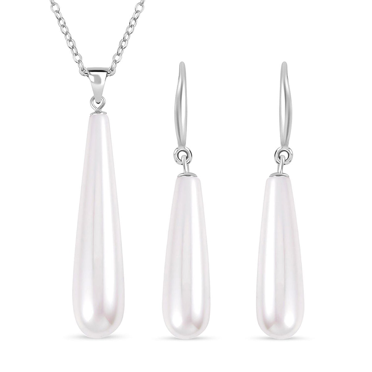 2 Piece Set - White Shell Pearl Drop Earring with Hook &amp; Necklace (Size - 20) in Silver Tone 30.00 Ct. 4316940 0