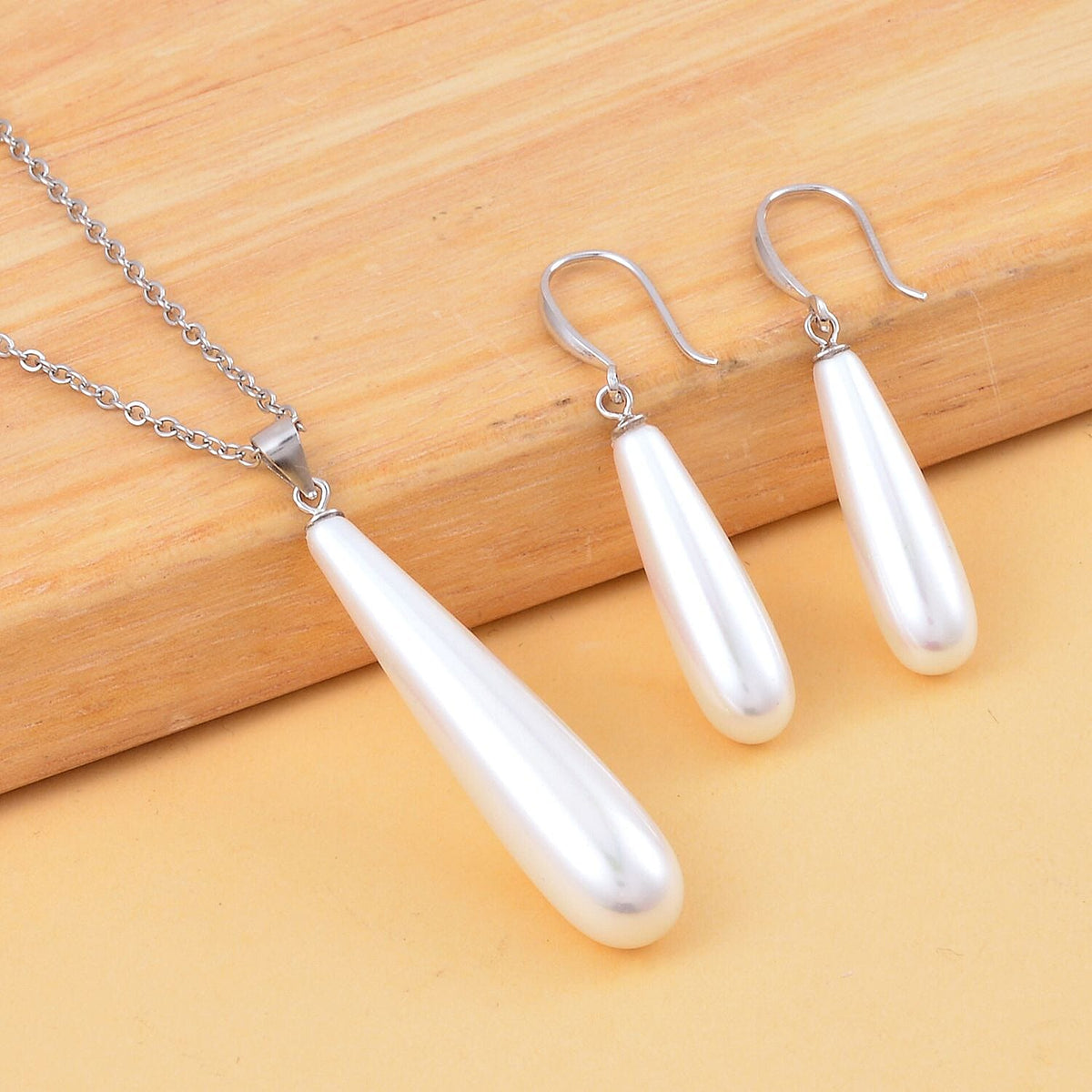 2 Piece Set - White Shell Pearl Drop Earring with Hook &amp; Necklace (Size - 20) in Silver Tone 30.00 Ct. 4316940 2
