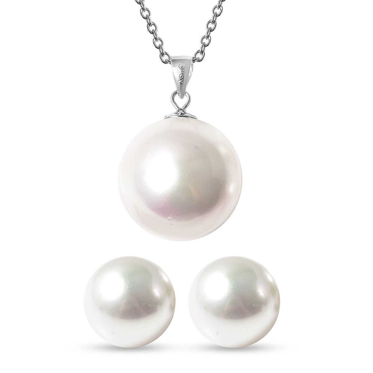 2 Piece Set - White Shell Pearl Pendant with Chain (Size 20) and Earrings in Silver Tone 4047996 0