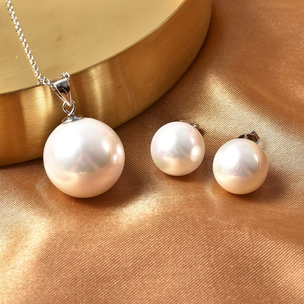 2 Piece Set - White Shell Pearl Pendant with Chain (Size 20) and Earrings in Silver Tone 4047996 1