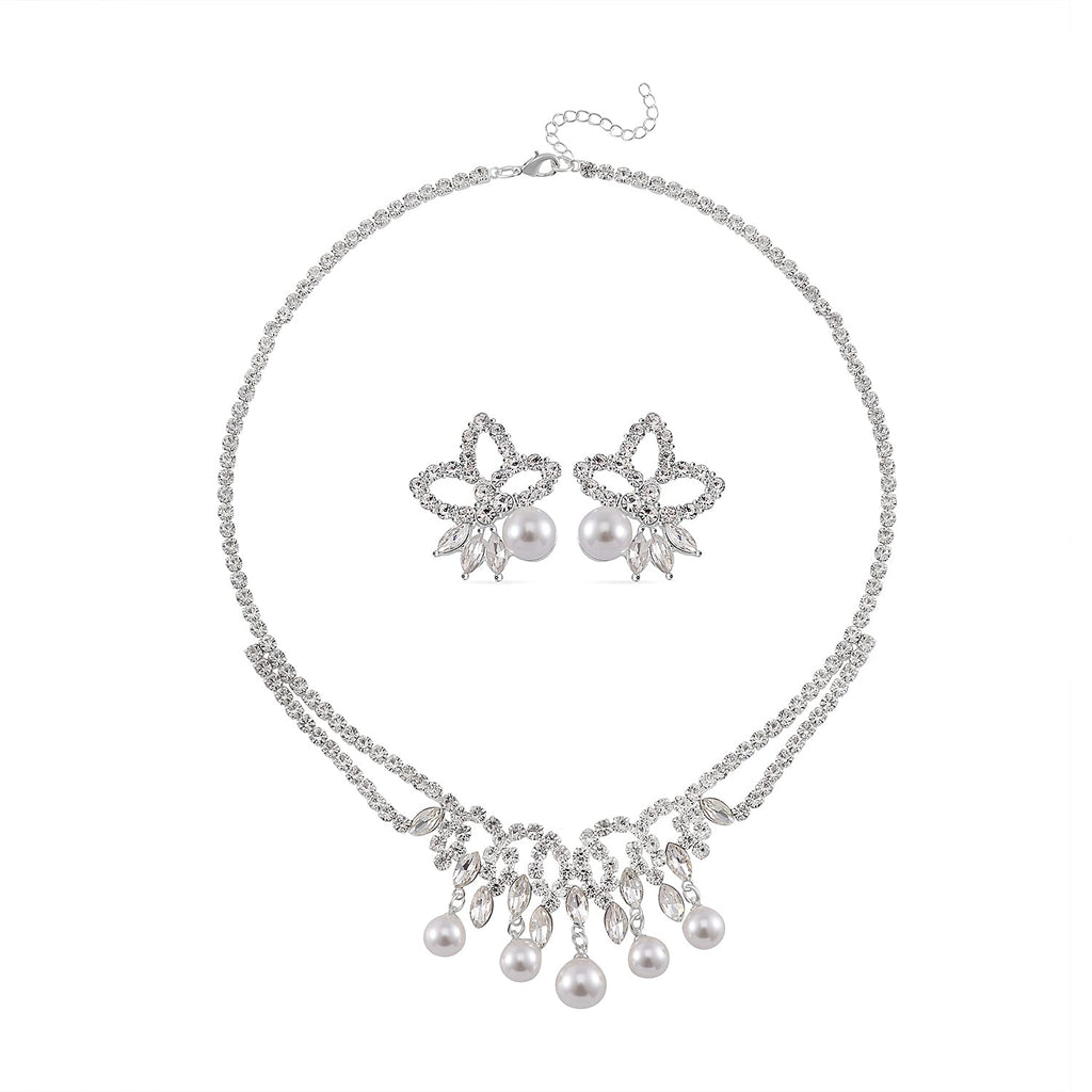 2 Piece Set - White Shell Pearl & White Crystal Necklace (Size 20-2 Ext) and Earrings With Push Back