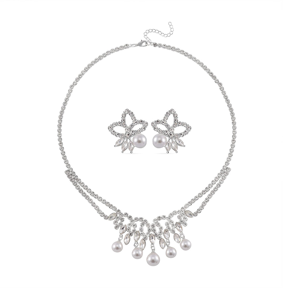 2 Piece Set -  White Shell Pearl, White Crystal Necklace and Earrings in Pure White Brass 4239196 0
