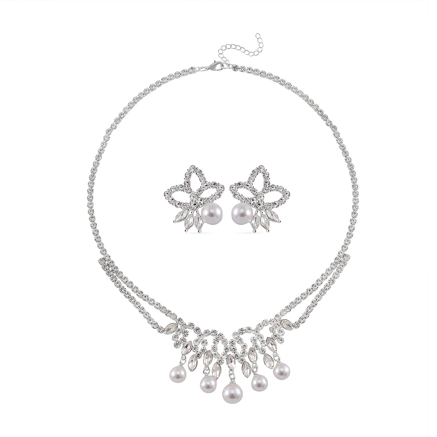 2 Piece Set -  White Shell Pearl, White Crystal Necklace and Earrings in Pure White Brass 4239196 0