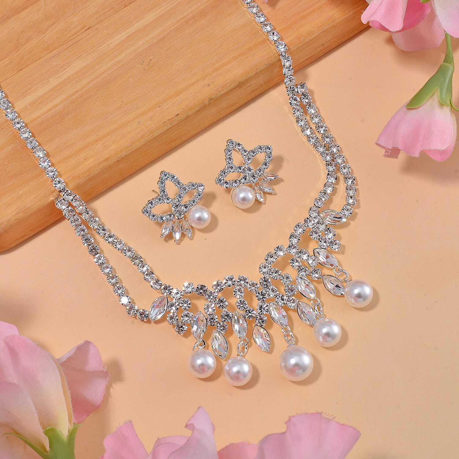 2 Piece Set -  White Shell Pearl, White Crystal Necklace and Earrings in Pure White Brass 4239196 2