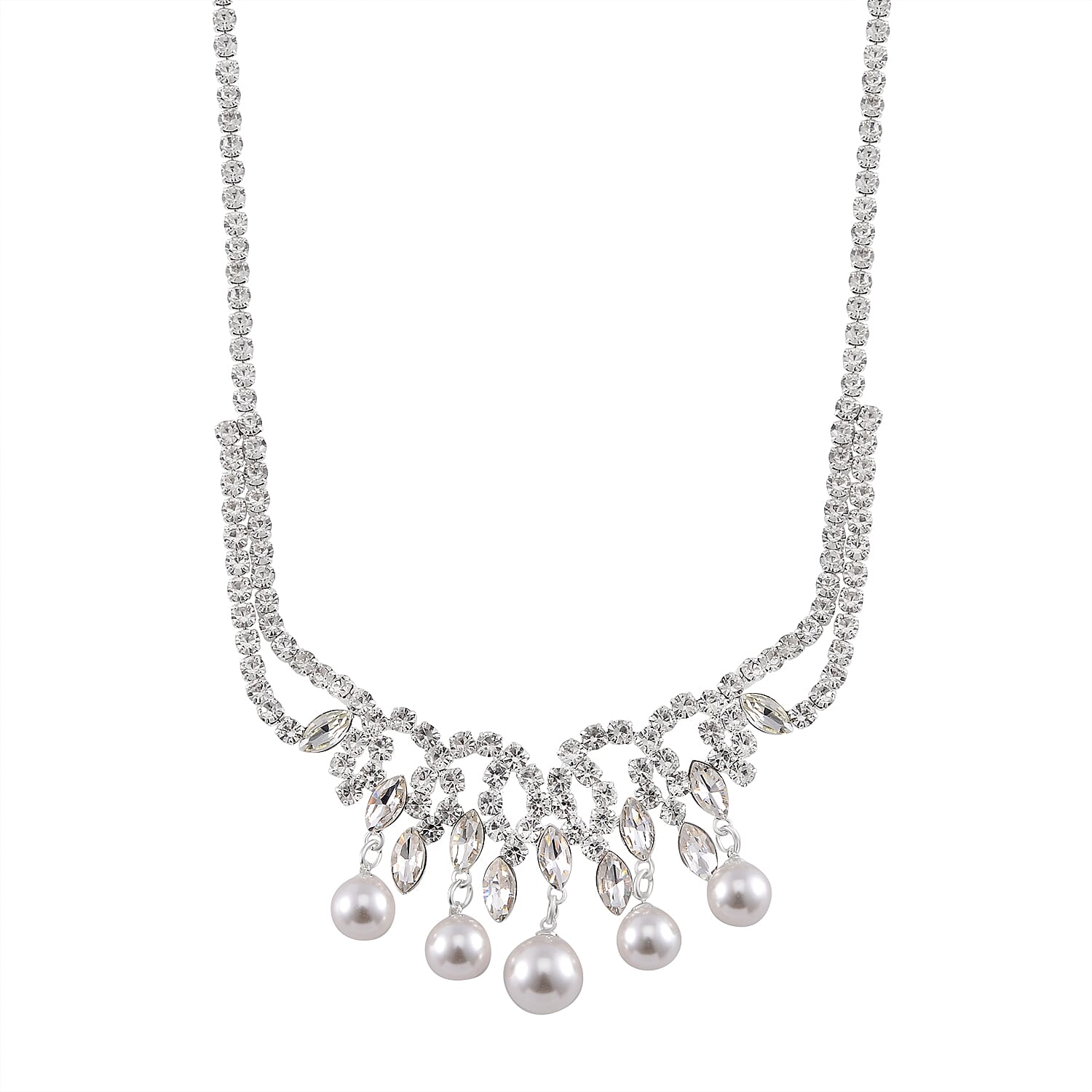 2 Piece Set -  White Shell Pearl, White Crystal Necklace and Earrings in Pure White Brass 4239196 3