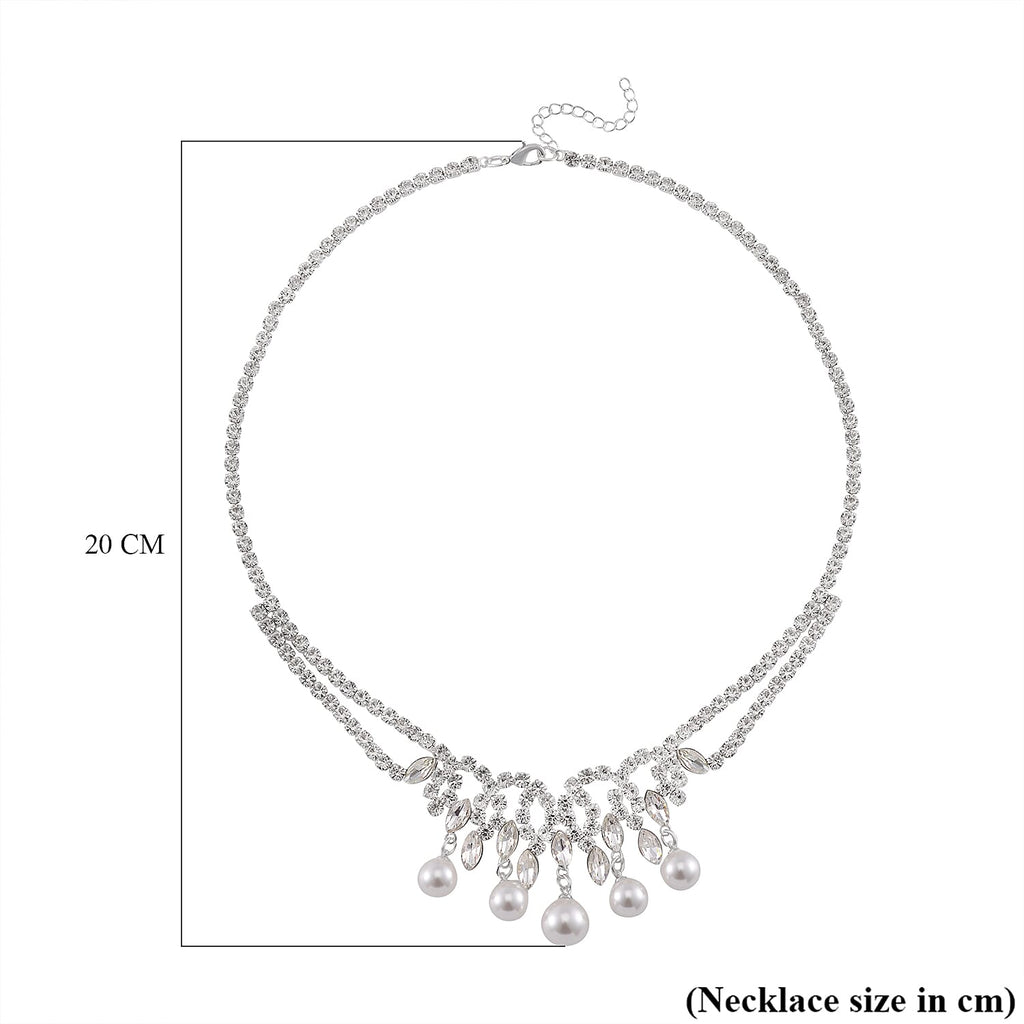 2 Piece Set - White Shell Pearl & White Crystal Necklace (Size 20-2 Ext) and Earrings With Push Back