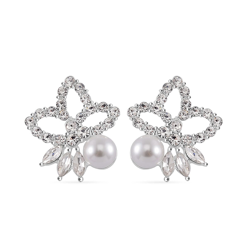 2 Piece Set - White Shell Pearl & White Crystal Necklace (Size 20-2 Ext) and Earrings With Push Back