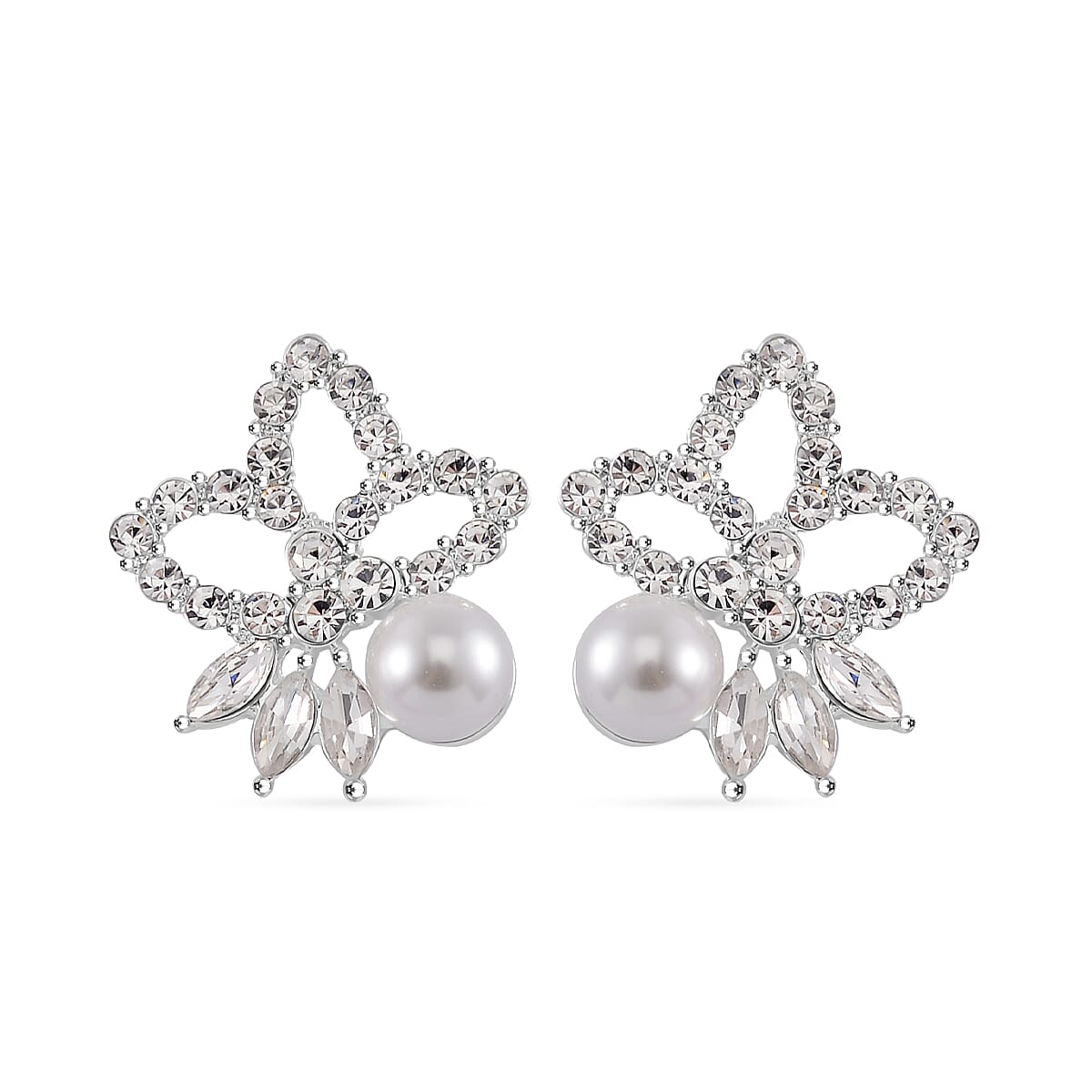 2 Piece Set -  White Shell Pearl, White Crystal Necklace and Earrings in Pure White Brass 4239196 6