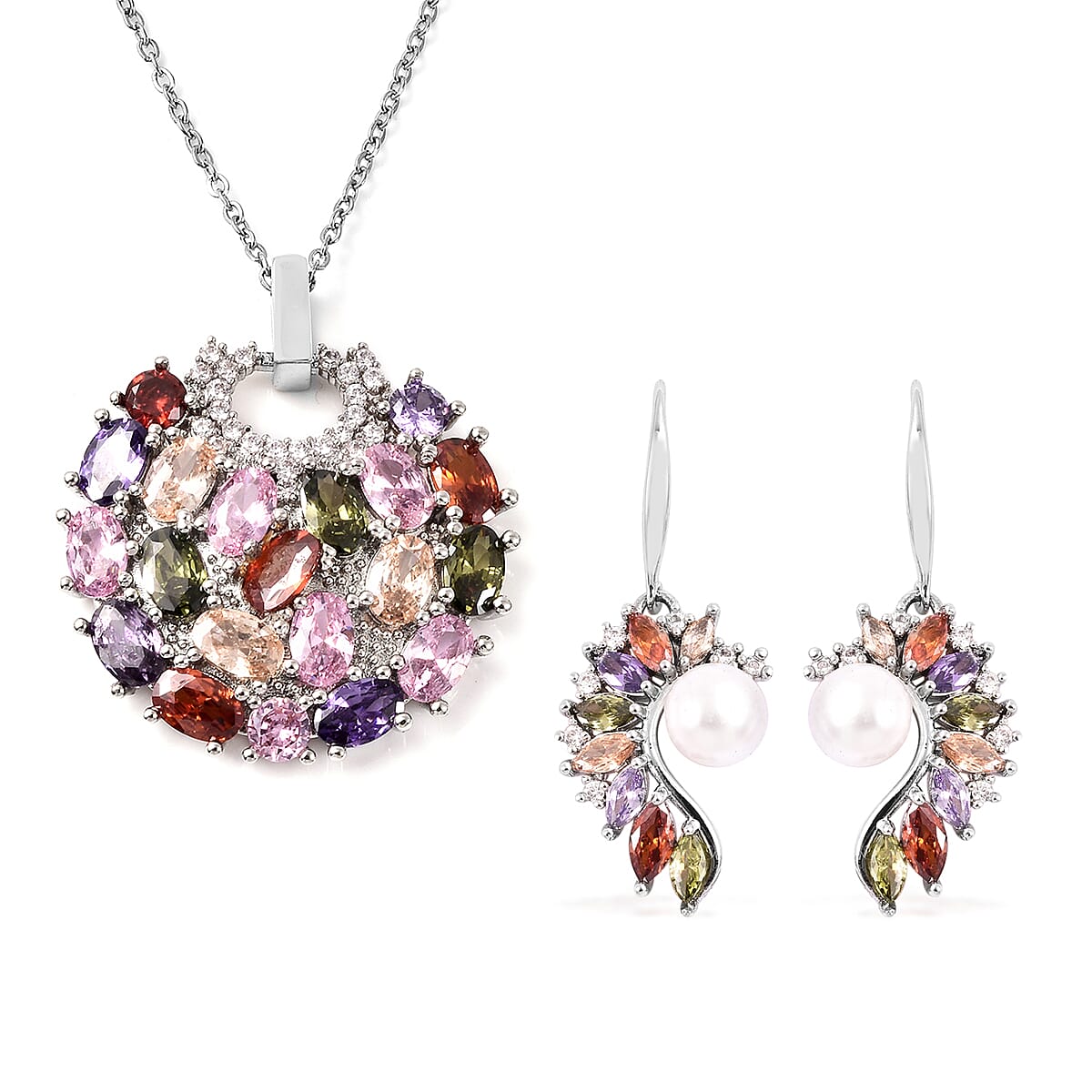 2 Piece Set White Shell Pearl and Multi-coloured Cubic Zirconia Pendant and Earrings in Silver Tone 4034163 0