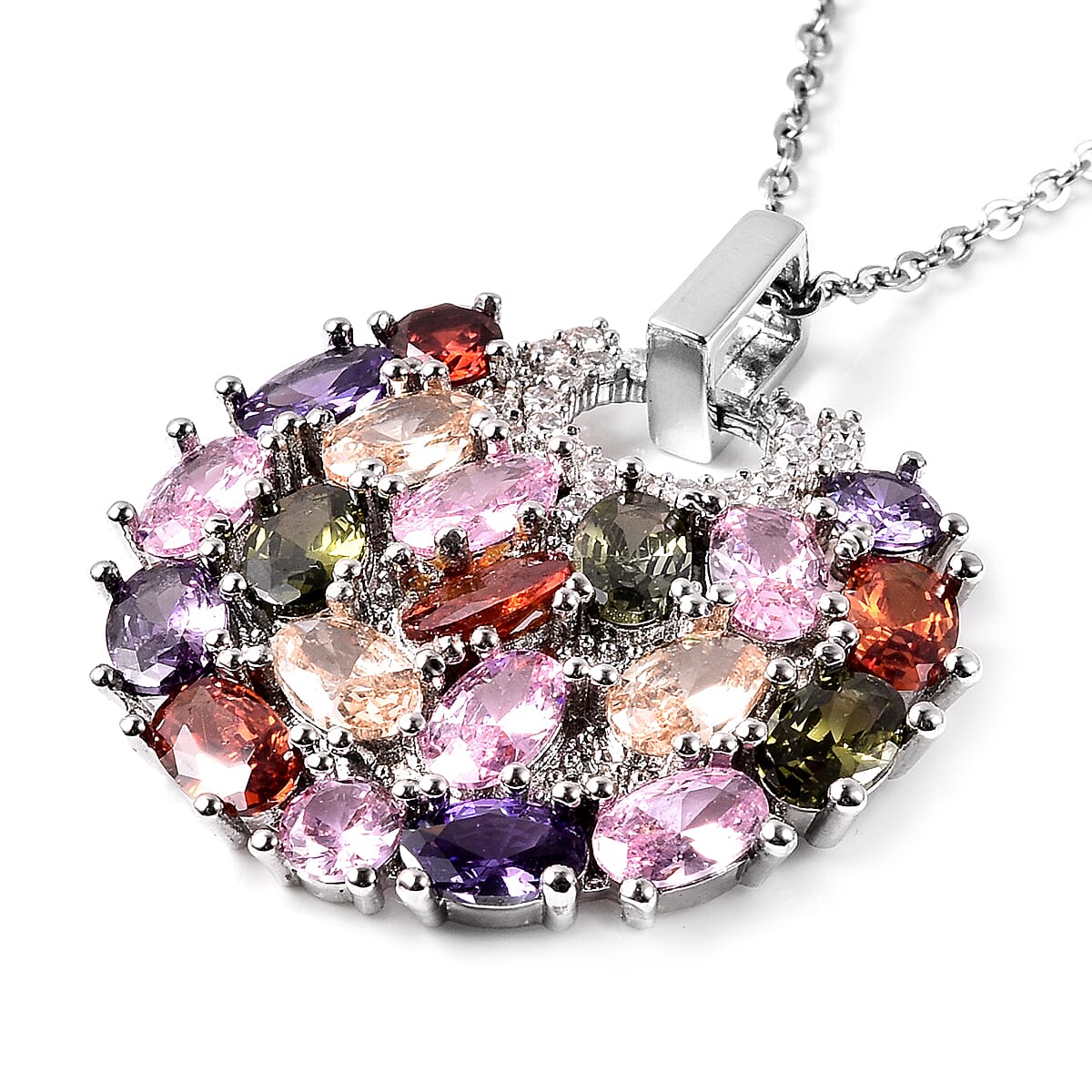 2 Piece Set White Shell Pearl and Multi-coloured Cubic Zirconia Pendant and Earrings in Silver Tone 4034163 2