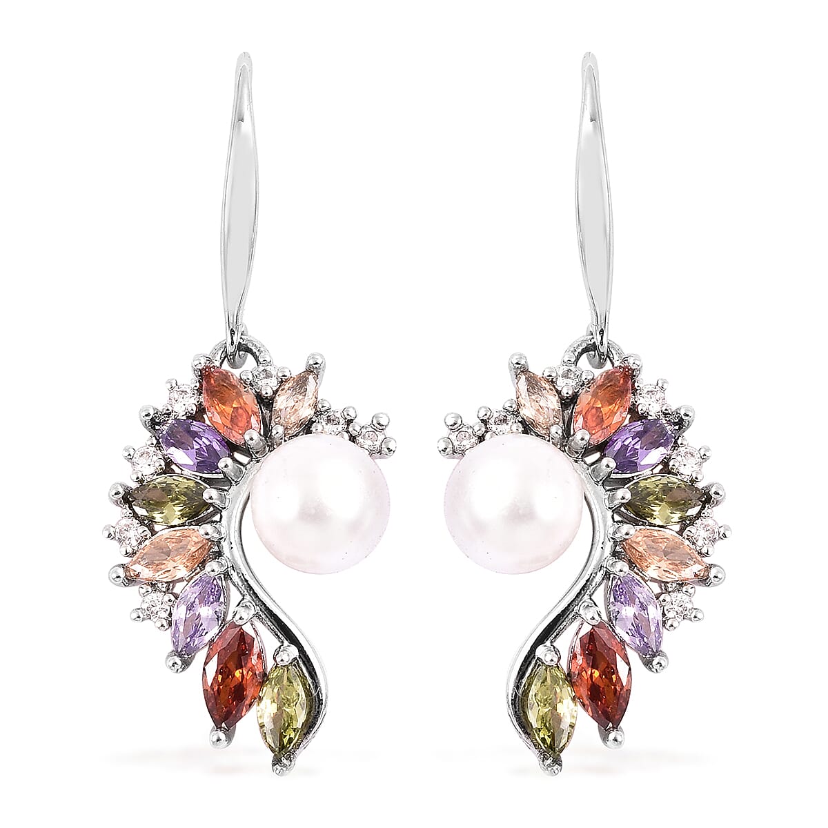2 Piece Set White Shell Pearl and Multi-coloured Cubic Zirconia Pendant and Earrings in Silver Tone 4034163 5