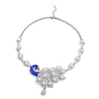 2 Piece Set - White Austrian Crystal, Black Austrian Crystal and Simulated Pearl Peacock Necklace (Size 20 with 2 inch Extender) and Earrings (with Push Back) in Silver Tone
