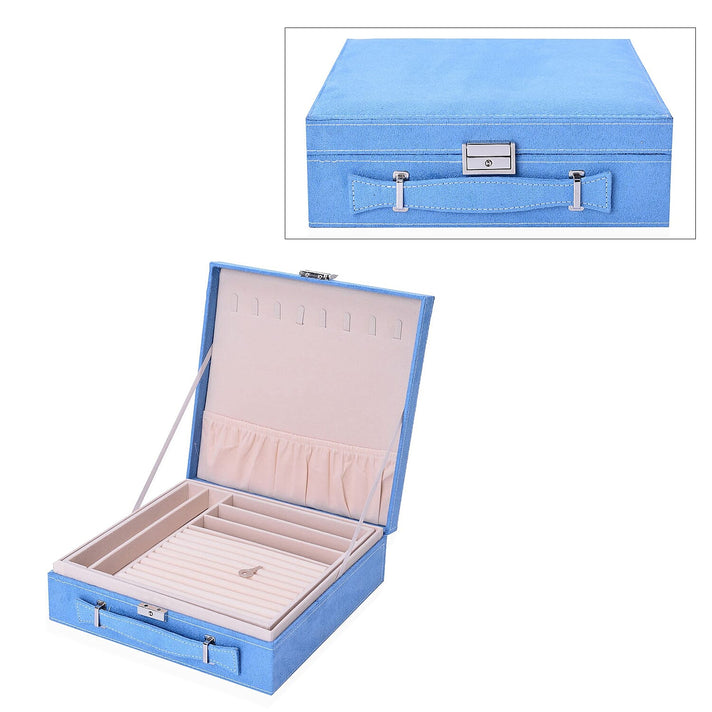 2 Tier Anti Tarnish Lined Jewellery Box with Lock and Key Turquoise Blue and Cream Colour 2651031 1