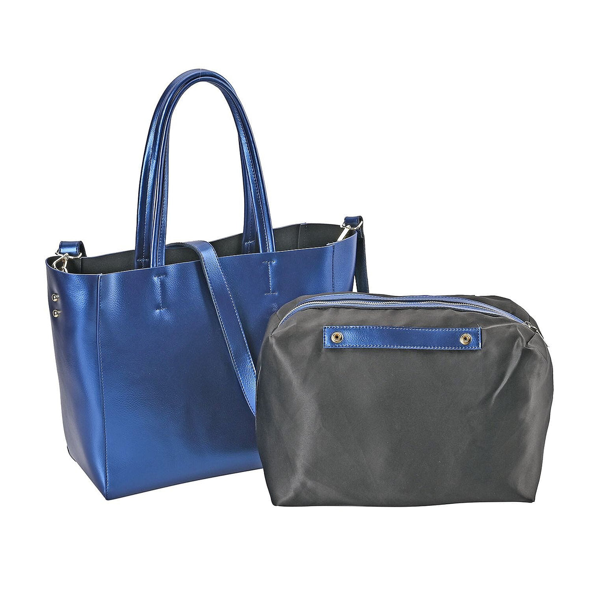 Hong Kong Closeout Genuine Leather 2- in-1 Tote Bag with Detachable Zipped Lining - Metallic Blue V32746626 0