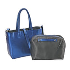 Hong Kong Closeout Genuine Leather 2- in-1 Tote Bag with Detachable Zipped Lining - Metallic Blue