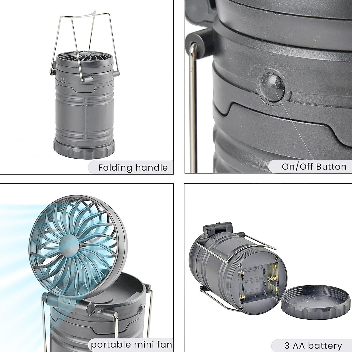 2-in-1 Portable Lantern with Folding Fan (3 AA battery, Not included) - Silver Grey 7283684 7
