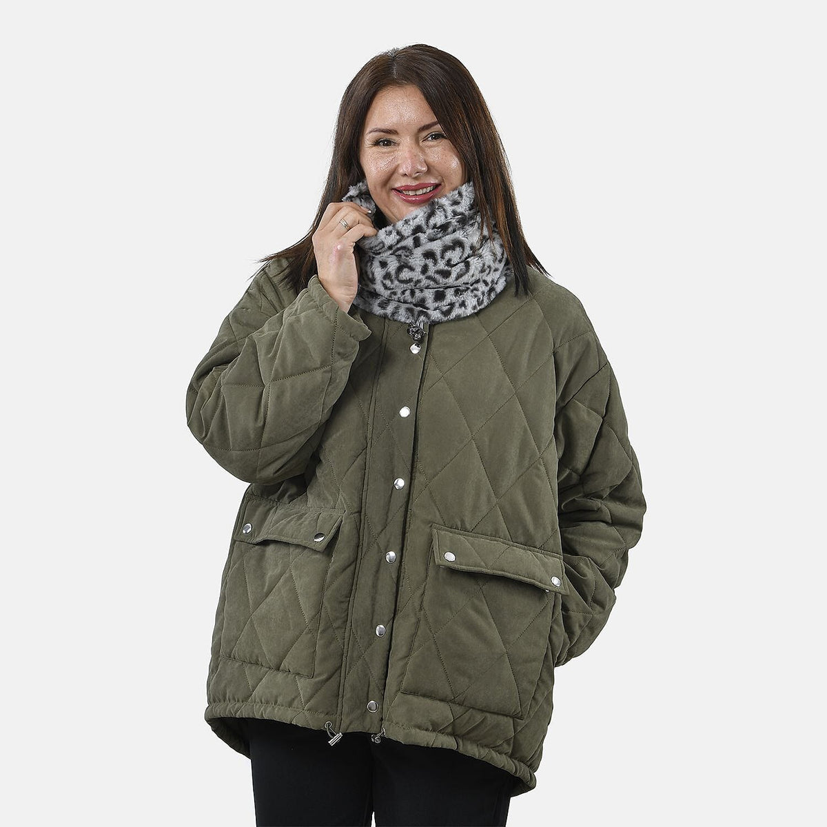 2 in 1 Faux Fur Leopard Print Drawstring Snood - Grey 8833929 2
