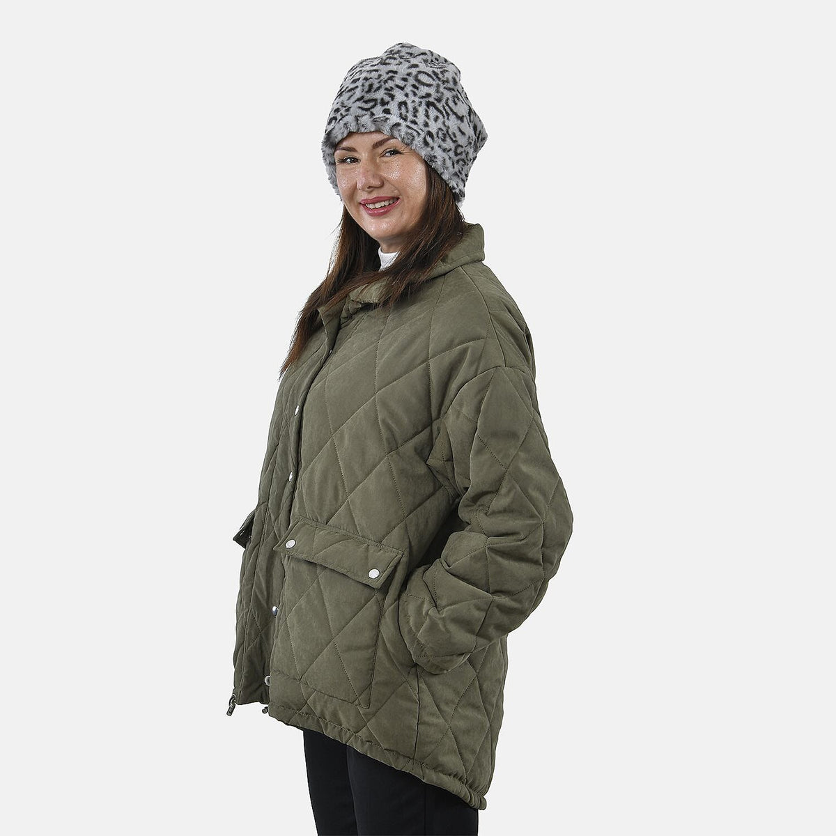 2 in 1 Faux Fur Leopard Print Drawstring Snood - Grey 8833929 4
