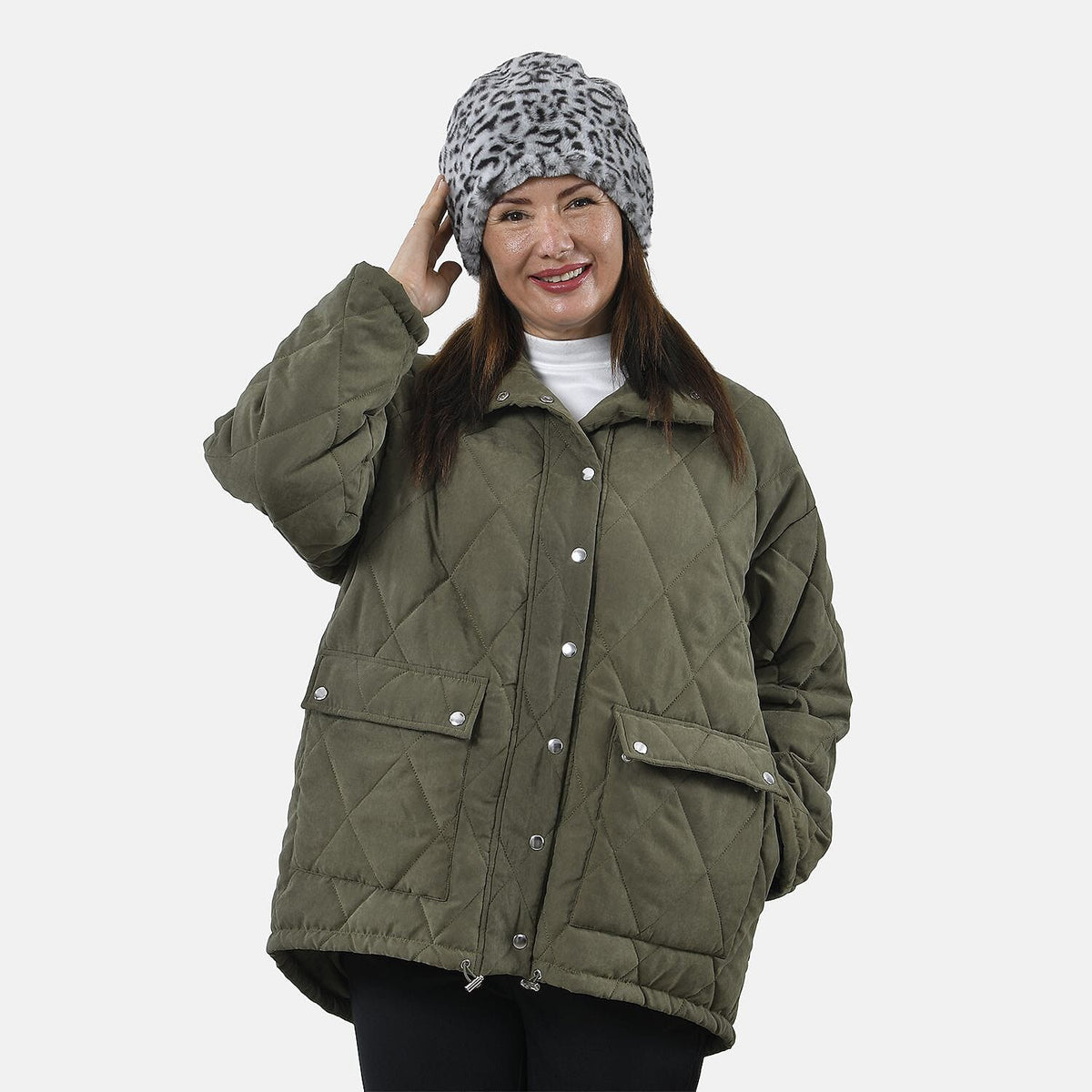 2 in 1 Faux Fur Leopard Print Drawstring Snood - Grey 8833929 5