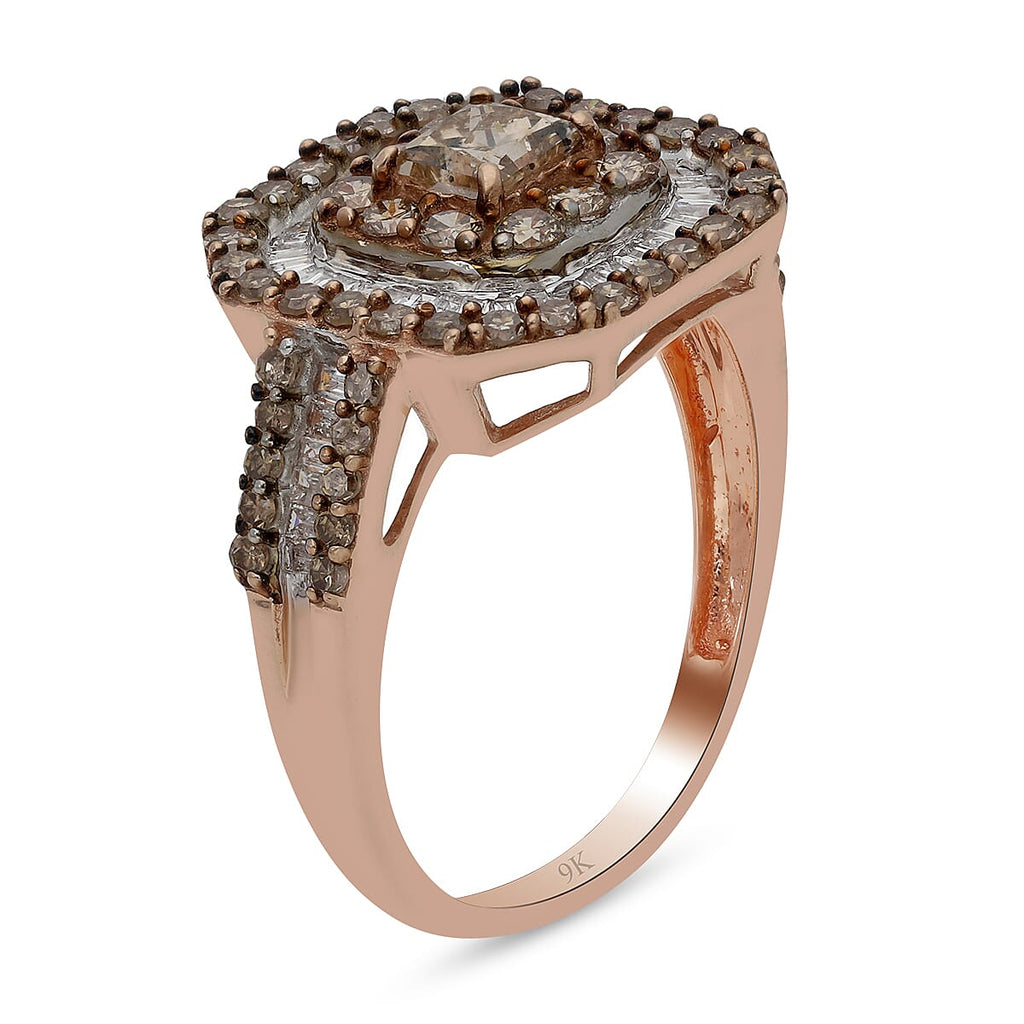 9K Rose Gold SGL Certified Champagne and White Diamond (G-H) Ring 2.00 Ct, Gold Wt. 5.60 Gms