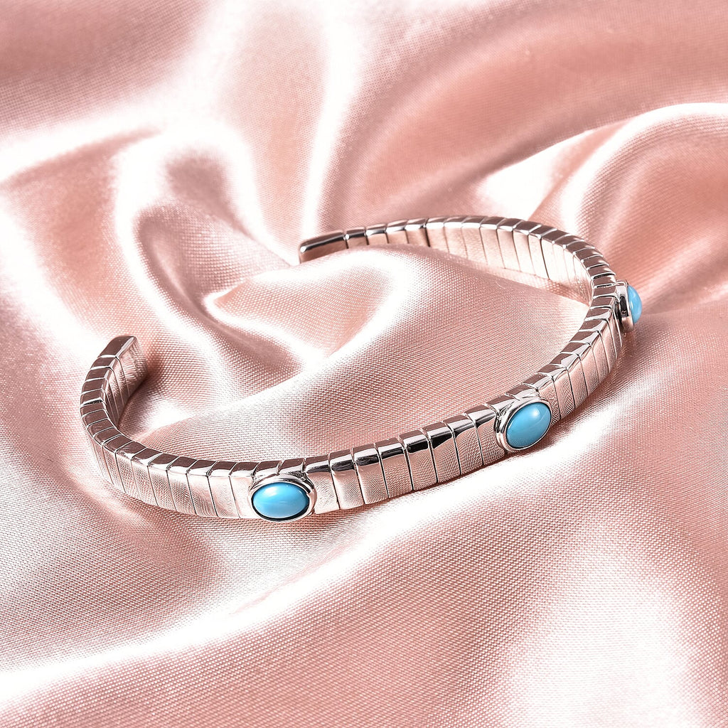 GP Tubogas Collection- Arizona Sleeping Beauty Turquoise and Blue Sapphire Bangle (Size 7.5) in Rhodium Overlay Sterling Silver 2.09 Ct, Silver wt. 33.33 Gms