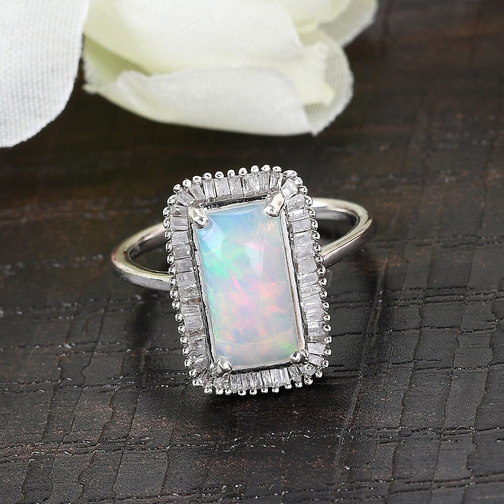 Ethiopian Welo Opal and Diamond Ring in Platinum Overlay Sterling Silver 2.16 Ct.