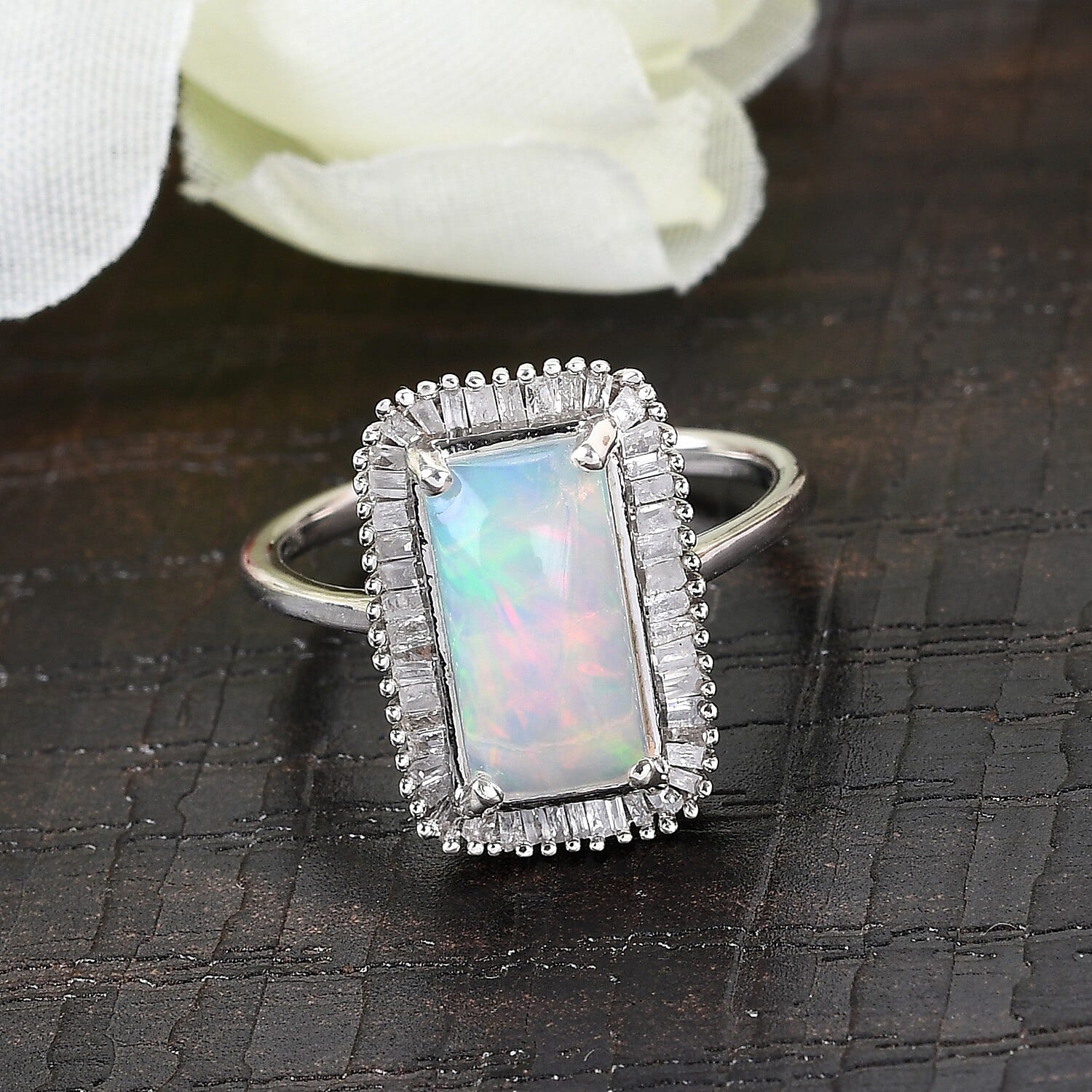2.15 Ct AAA Ethiopian Welo Opal and Diamond Ring in Platinum Overlay Sterling Silver 3850101 1
