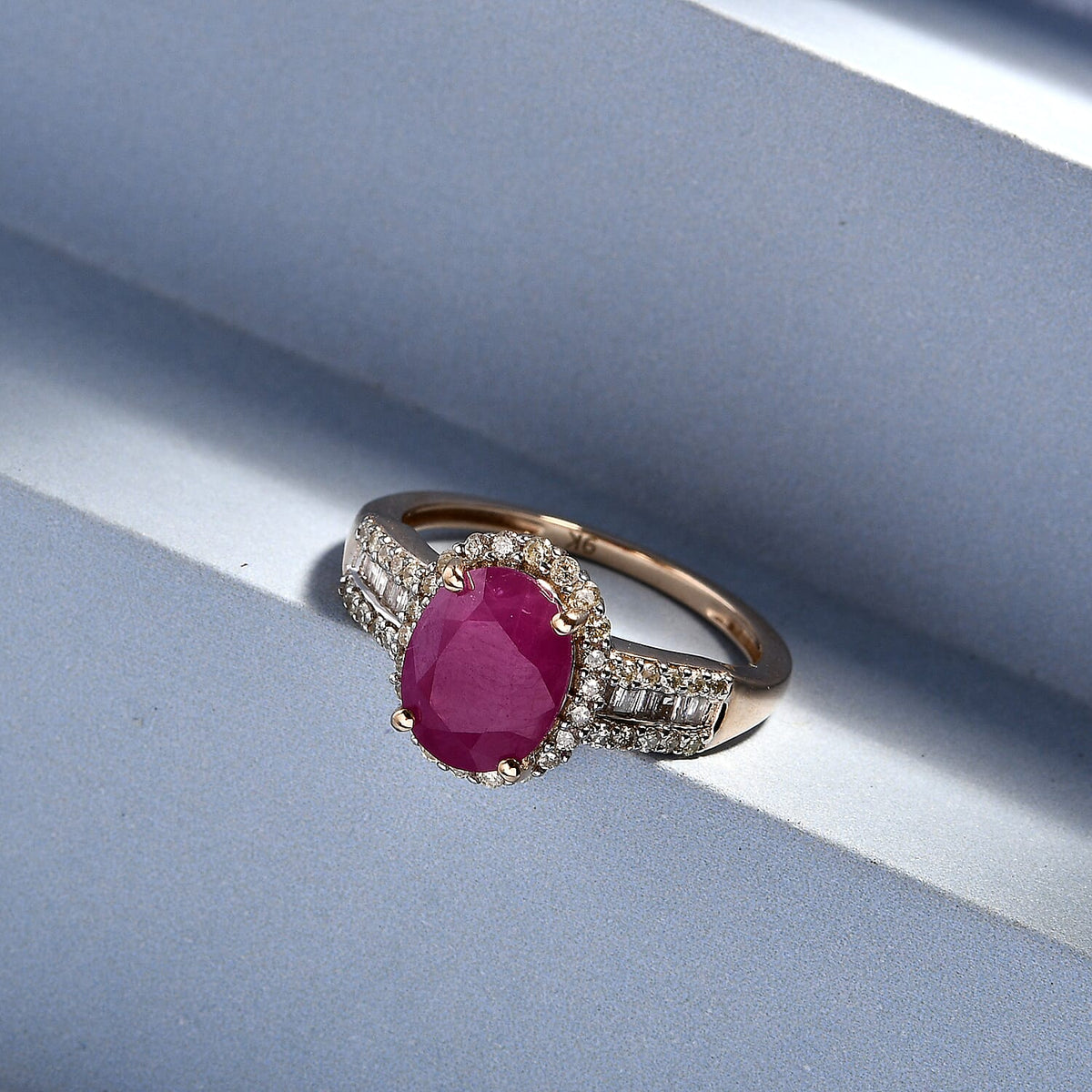 2.32 Ct. AA Ruby and Diamond Halo Ring In 9K Yellow Gold 9030011 2
