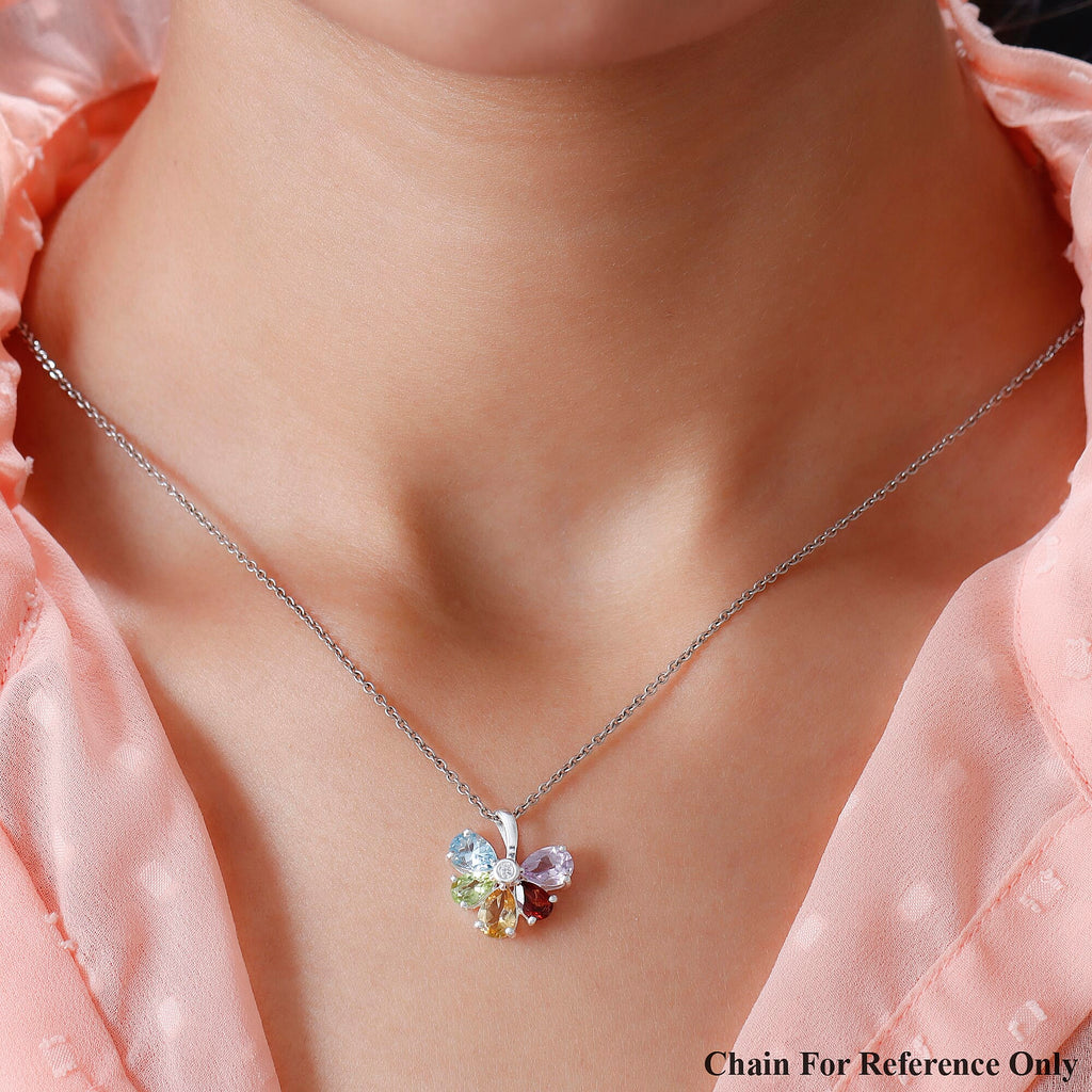 Sky Blue Topaz & Natural Hebei Peridot and Multi Gemstone Floral Pendant in Sterling Silver 3.25 Ct.