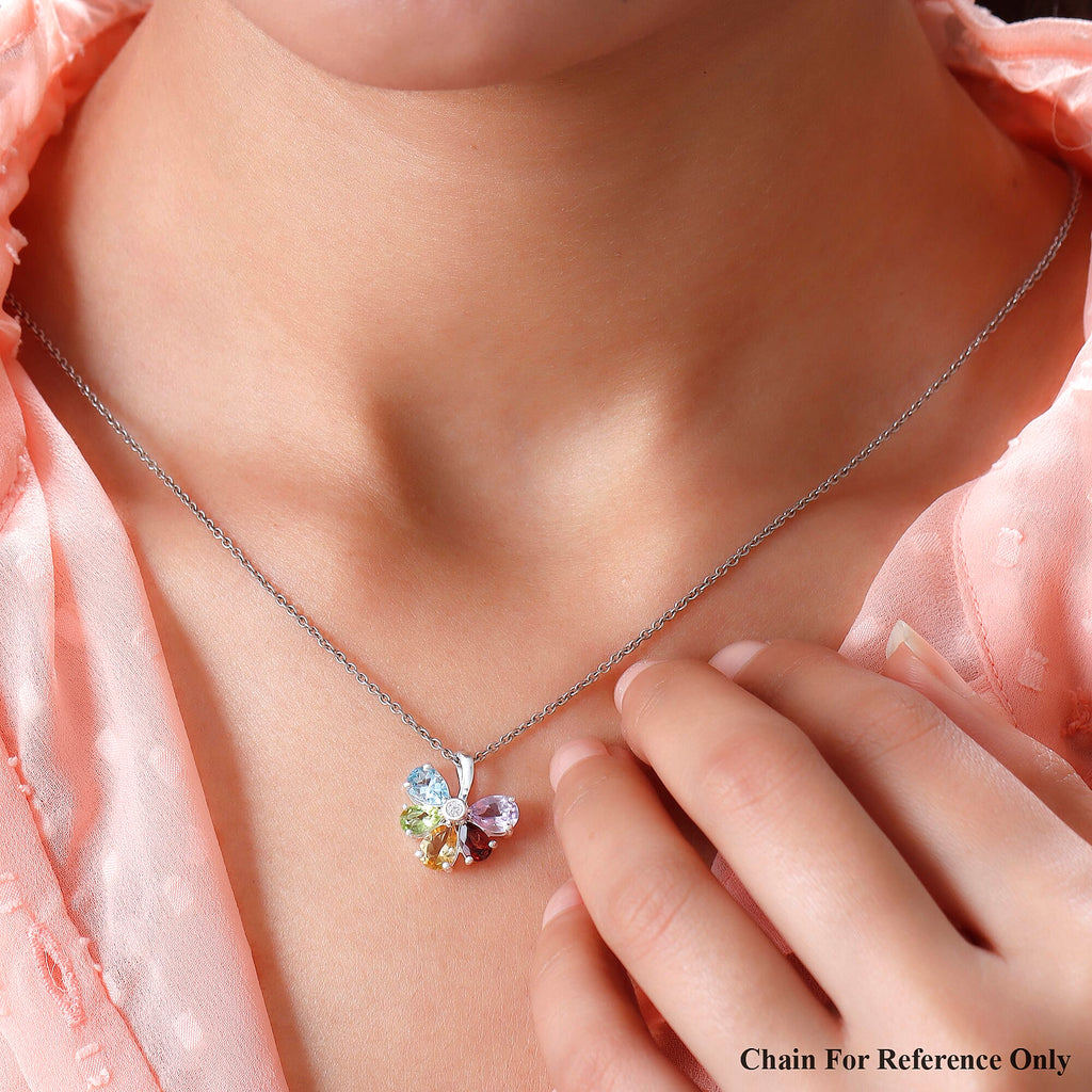 Sky Blue Topaz & Natural Hebei Peridot and Multi Gemstone Floral Pendant in Sterling Silver 3.25 Ct.