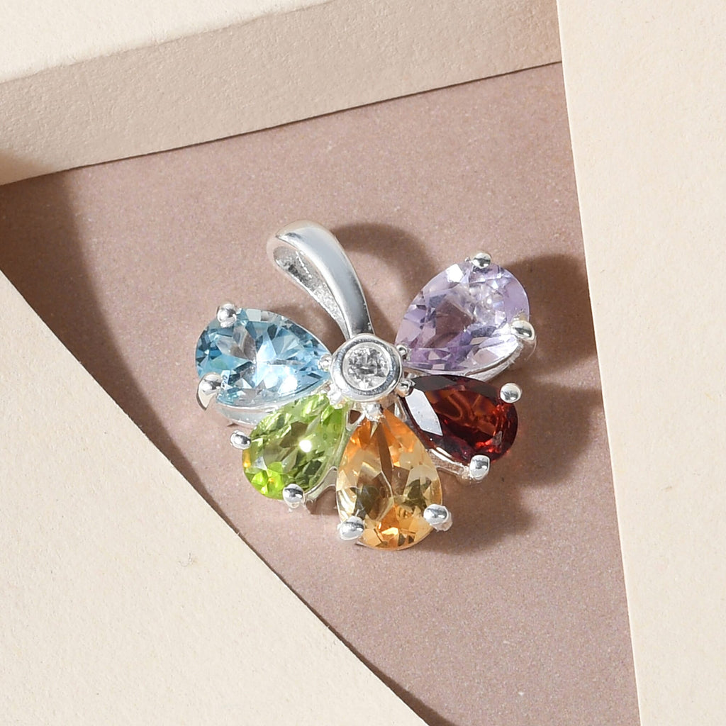 Sky Blue Topaz & Natural Hebei Peridot and Multi Gemstone Floral Pendant in Sterling Silver 3.25 Ct.