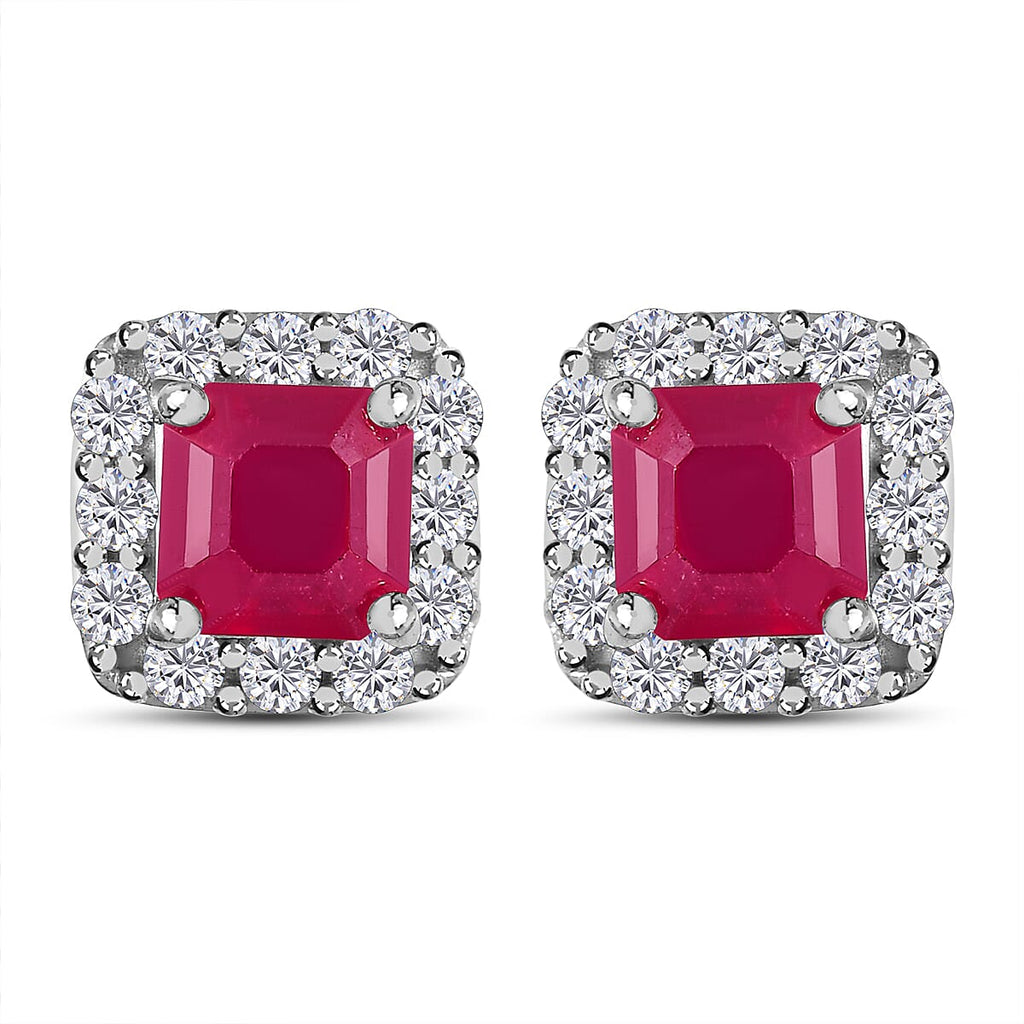 Royal Bali Collection - D'Joy African Ruby Octagon & Natural Zircon Stud Earrings with Push Back in Platinum Overlay Sterling Silver 2.29 Ct.