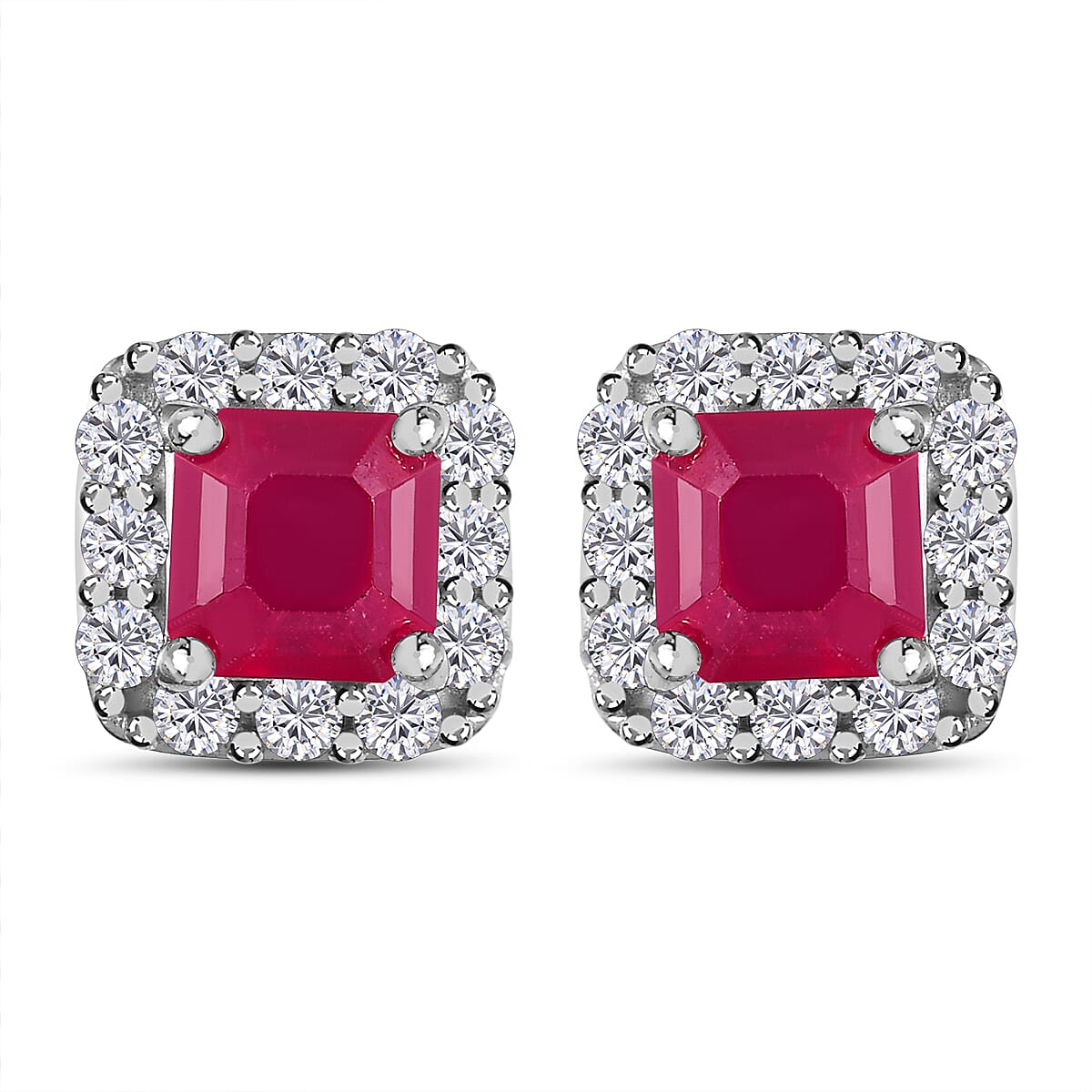 2.50 Ct African Ruby and Zircon Halo Stud Earrings in Sterling Silver with Platinum Plating 3401333 0