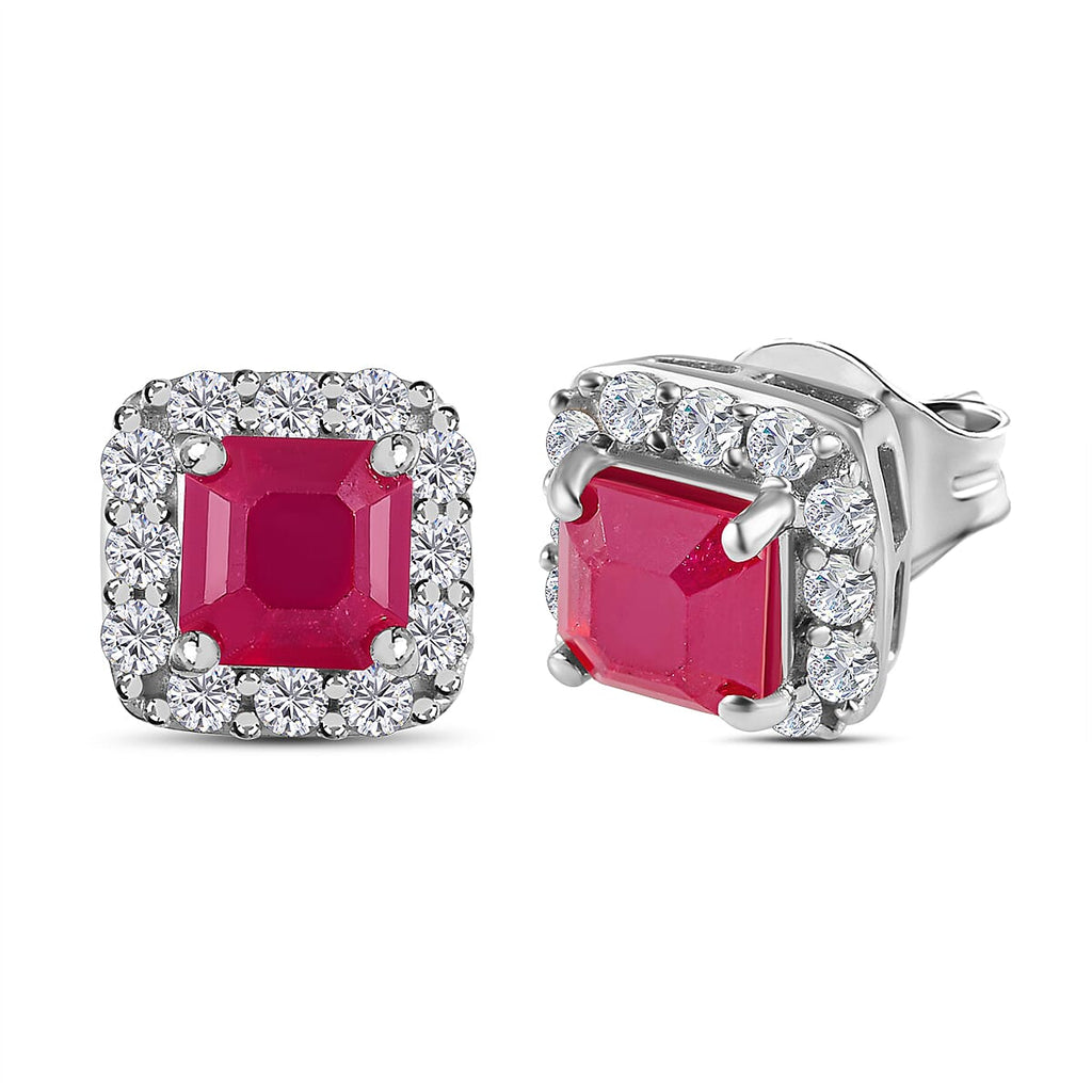 Royal Bali Collection - D'Joy African Ruby Octagon & Natural Zircon Stud Earrings with Push Back in Platinum Overlay Sterling Silver 2.29 Ct.