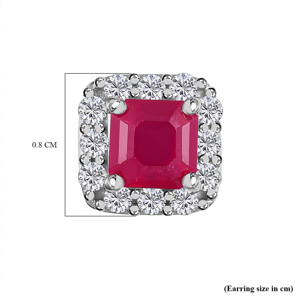Royal Bali Collection - D'Joy African Ruby Octagon & Natural Zircon Stud Earrings with Push Back in Platinum Overlay Sterling Silver 2.29 Ct.