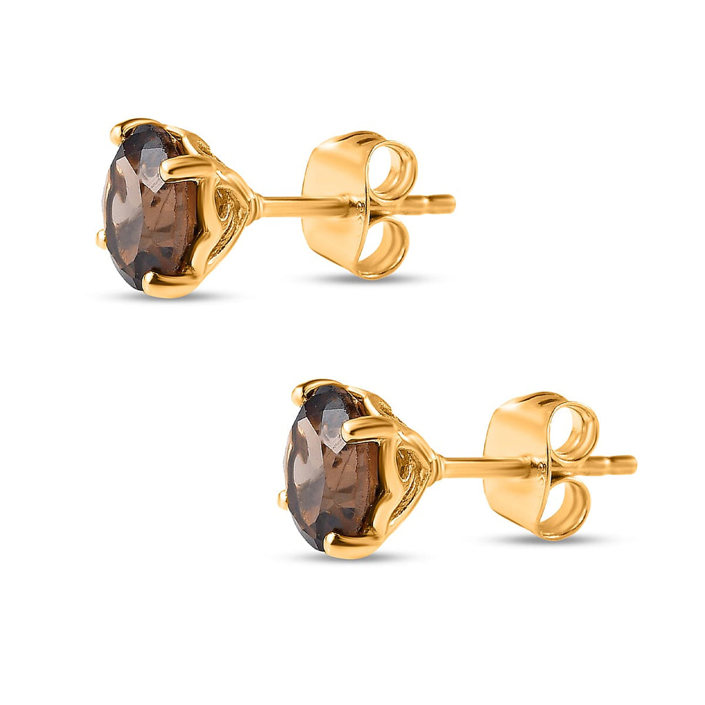 Brazilian Smoky Quartz (Rnd) Stud Earrings with Push Back in 18K Vermeil Yellow Gold Plated Sterling Silver 2.66 Ct.