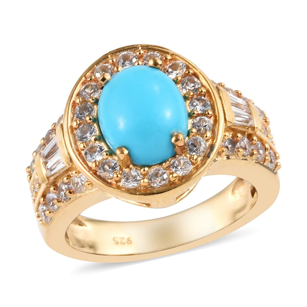 Arizona Sleeping Beauty Turquoise (Ovl 1.60 Ct), Natural Cambodian Zircon Ring in 14K Gold Overlay Sterling Silver 2.75 Ct, Silver wt 5.31 Gms
