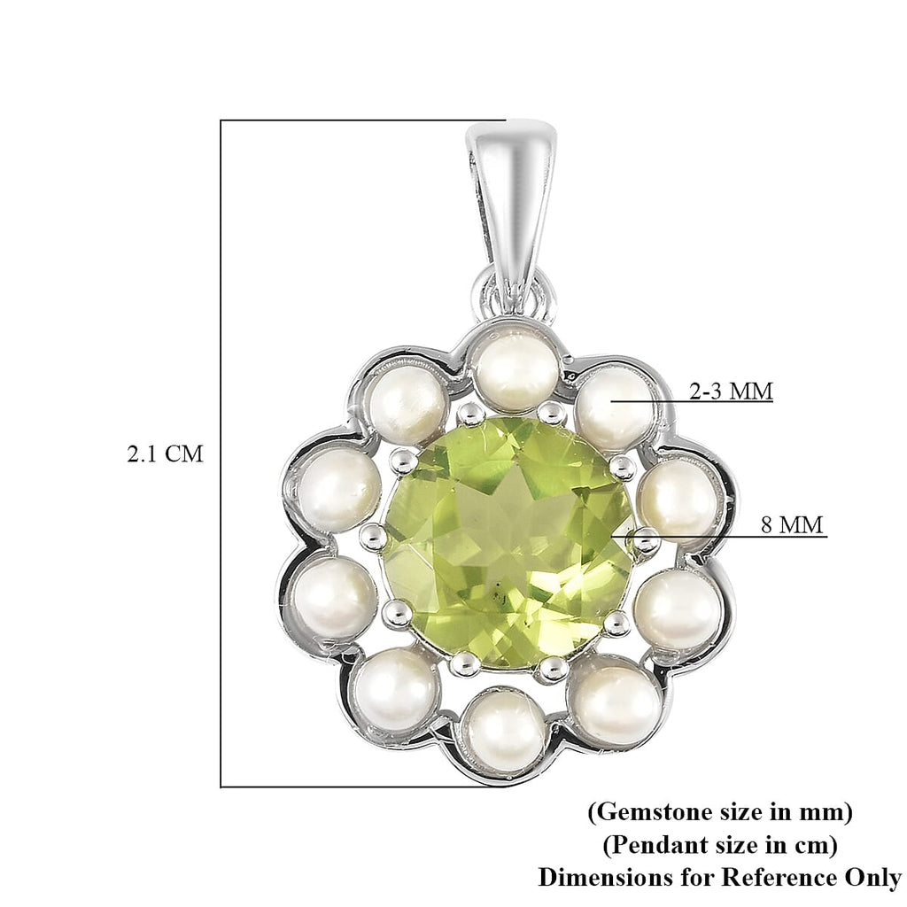 Natural Hebei Peridot and Freshwater Pearl Pendant in Rhodium Overlay Sterling Silver