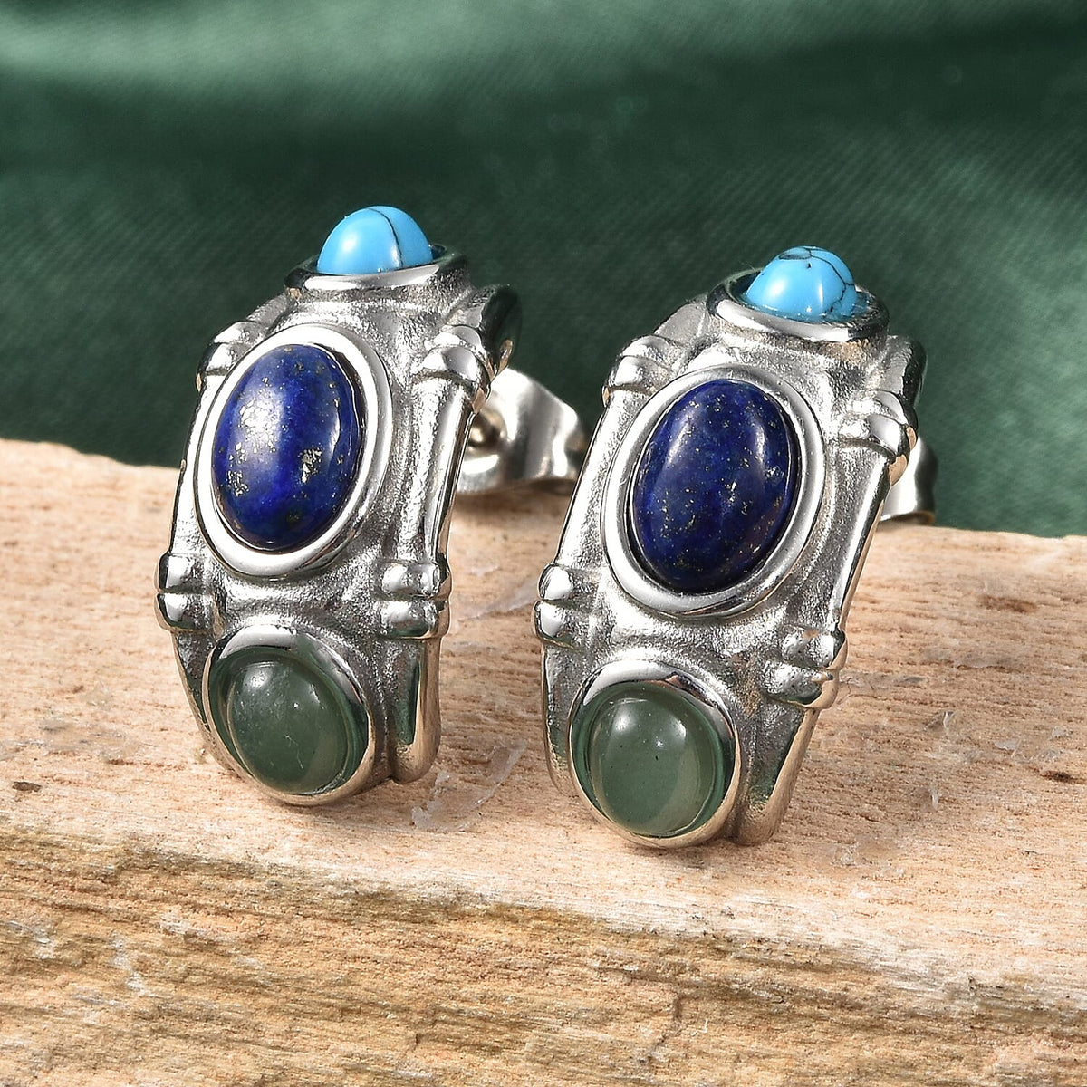 2.90 Ct. Lapis Lazuli, Green Aventurine and Blue Howlite Half Hoop Earrings in Silver-Tone 6295956 2
