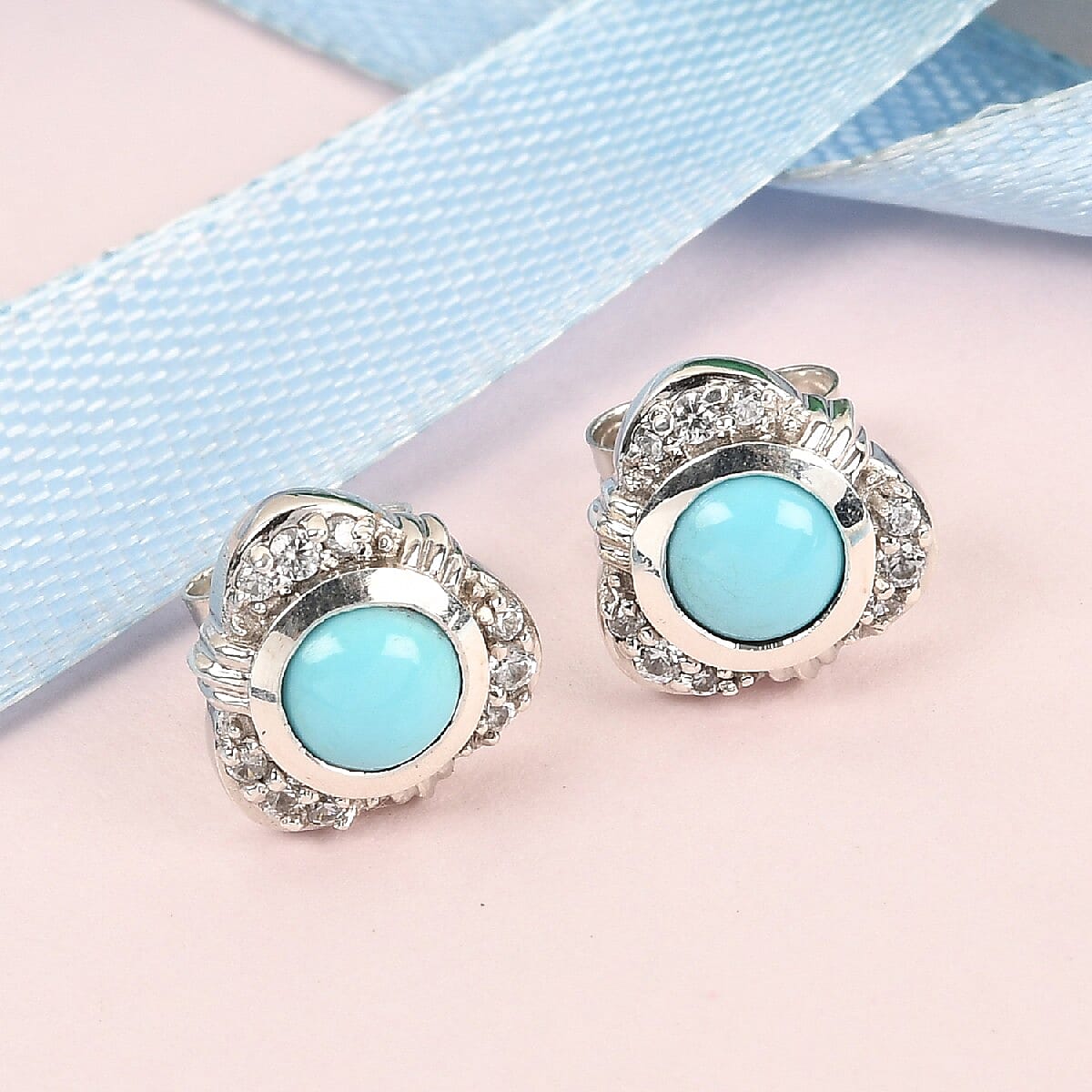 2.960ct. Sleeping Beauty Turquoise and Zircon Stud Earrings in Platinum Plated Sterling Silver 3824099 2