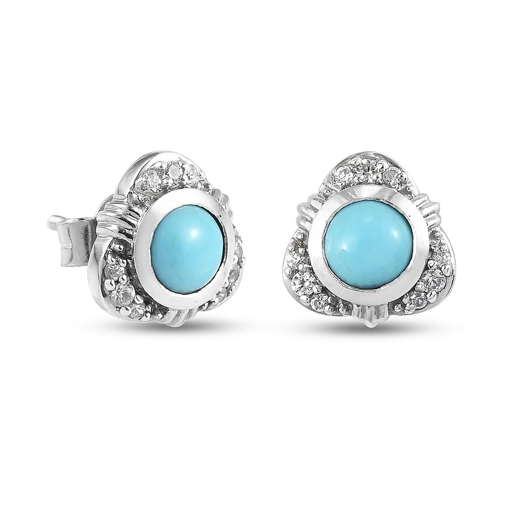 Arizona Sleeping Beauty Turquoise and Natural Cambodian Zircon Stud Earrings (with Push Back) in Platinum Overlay Sterling Silver 1.00 Ct.