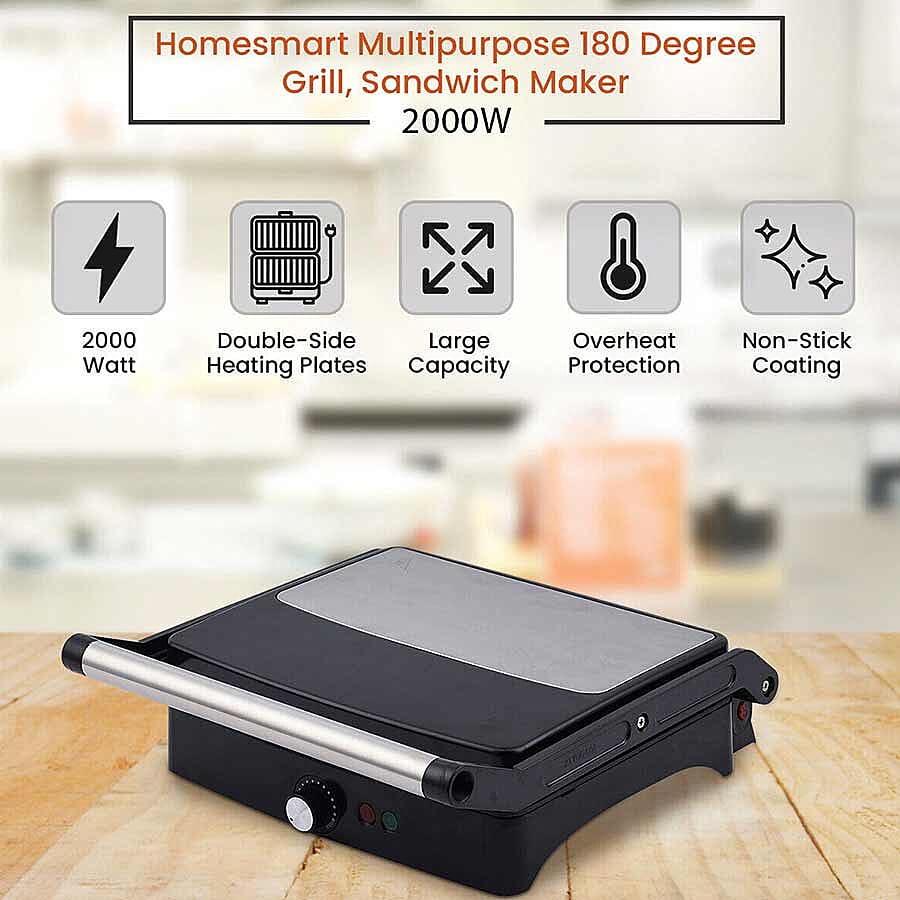 2000 Watts Homesmart Multipurpose 180 Degree Grill, Sandwhich Maker with Temperature Control, Non-Stick Coating Powered by BS Plug 7597213 3