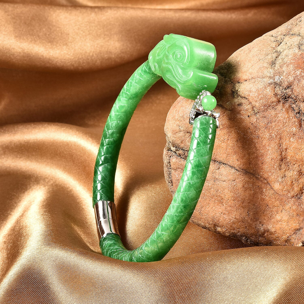 211.25 CT. Green Jade Dragon Bangle in Rhodium Plated Sterling Silver 7.5 Inches 3767785 1