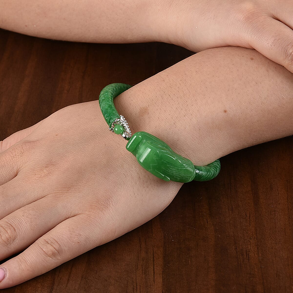 211.25 CT. Green Jade Dragon Bangle in Rhodium Plated Sterling Silver 7.5 Inches 3767785 3