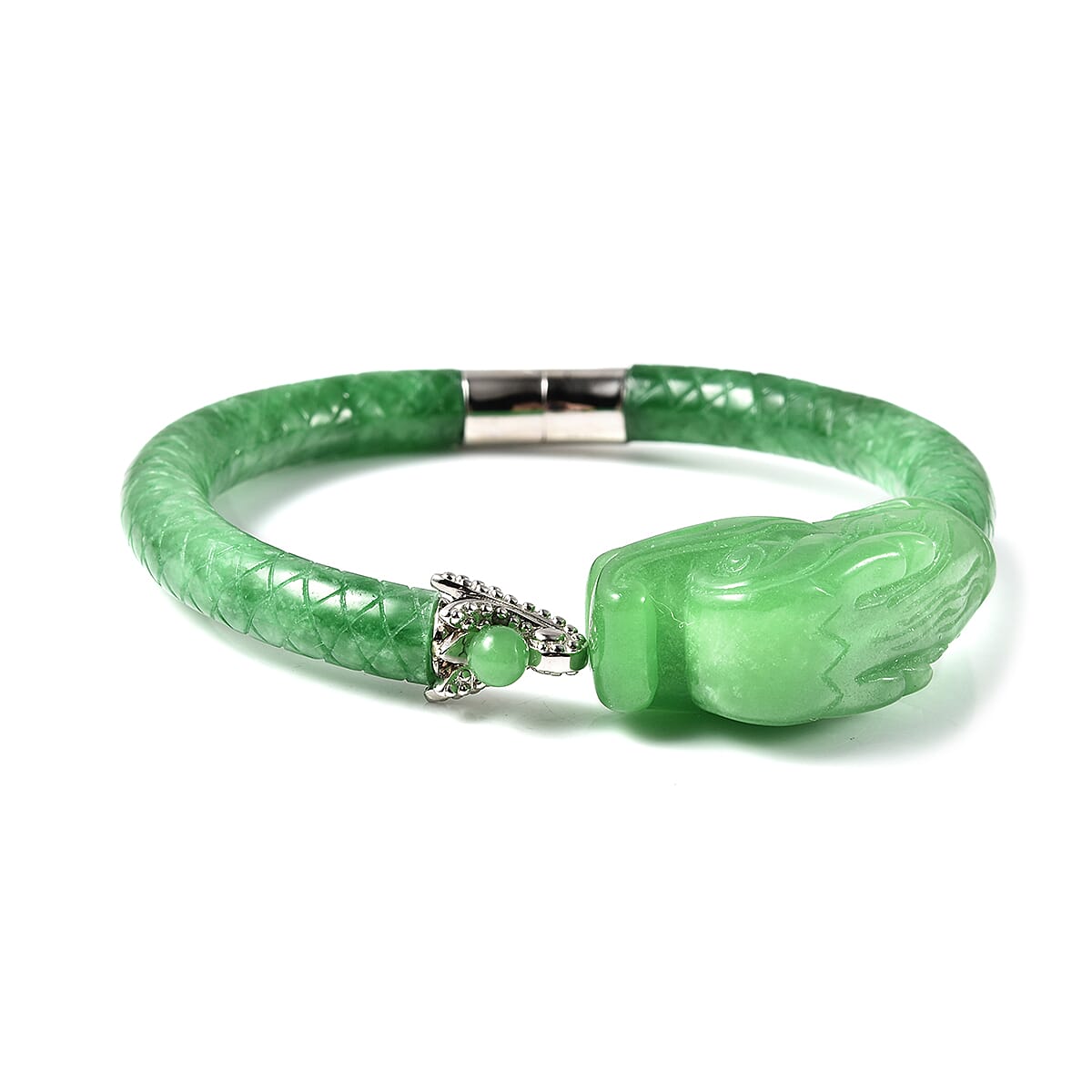 211.25 CT. Green Jade Dragon Bangle in Rhodium Plated Sterling Silver 7.5 Inches 3767785 4