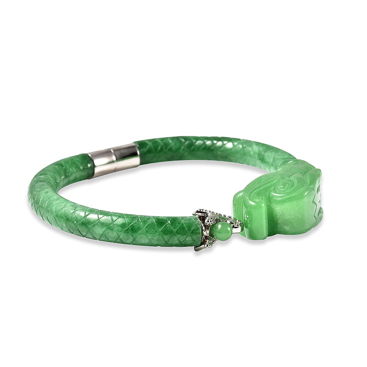 211.25 CT. Green Jade Dragon Bangle in Rhodium Plated Sterling Silver 7.5 Inches 3767785 5