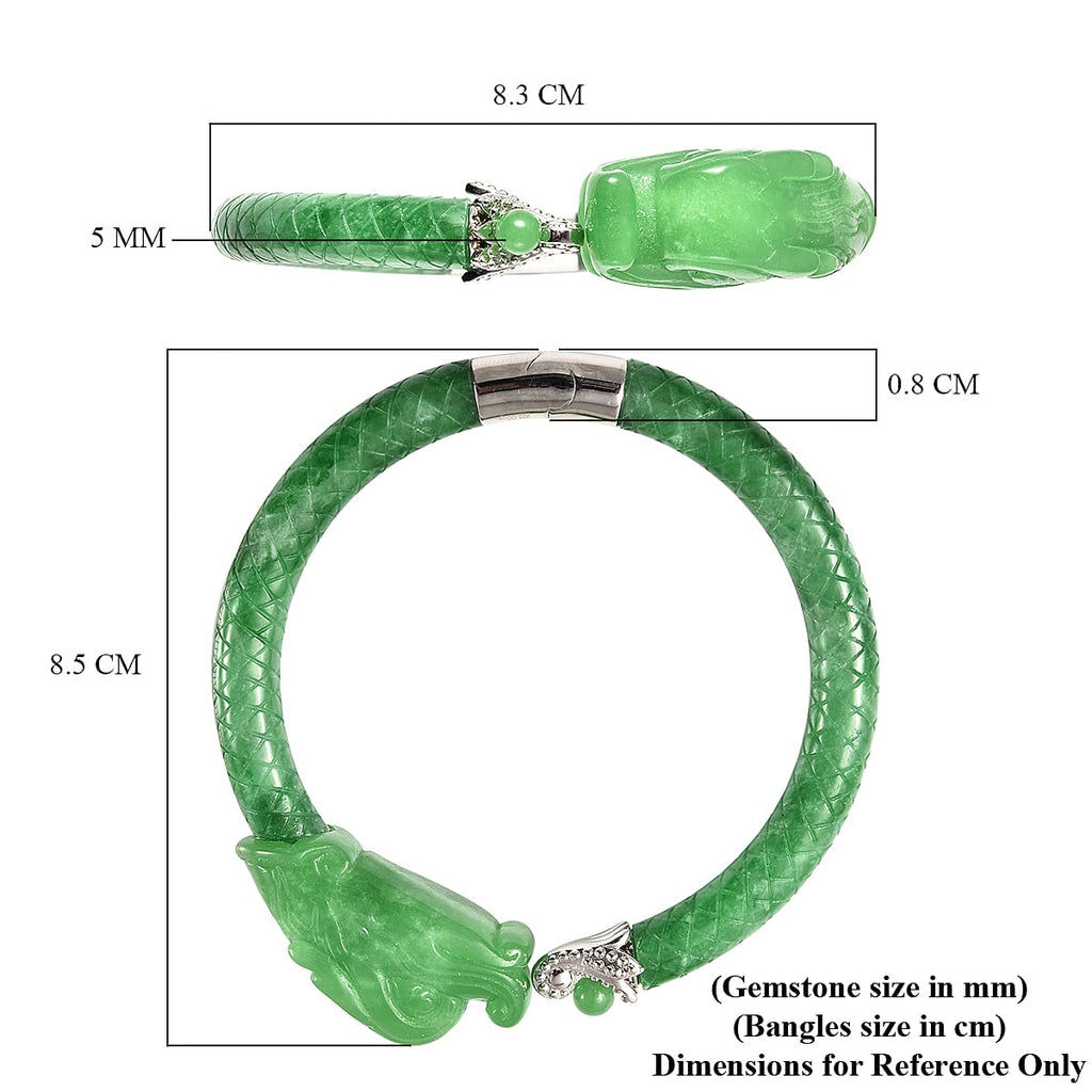 Green Jade Dragon Bangle (Size 7.5) in Rhodium Overlay Sterling Silver 211.25 Ct,