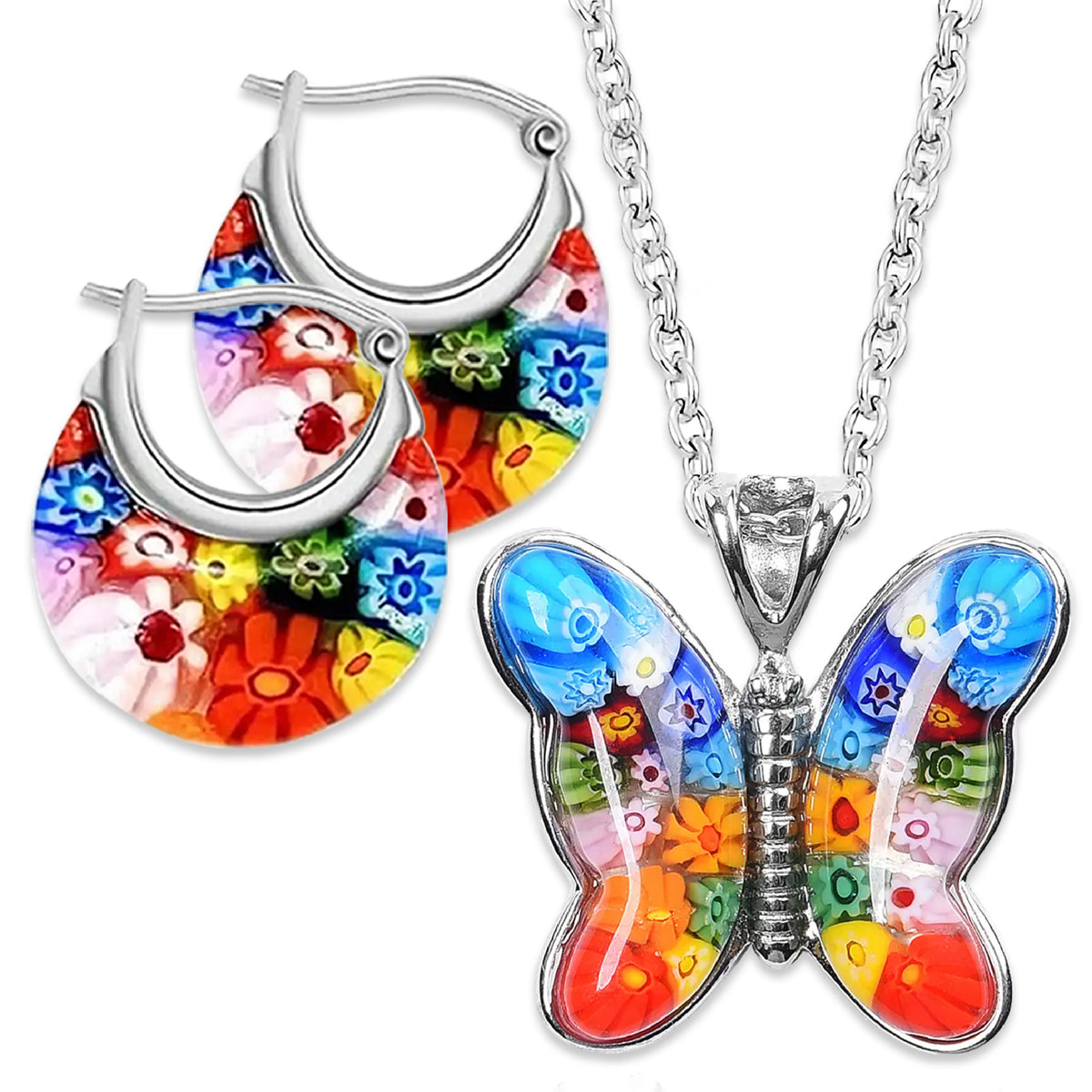 Multi Colour Murano Style Basket Earrings &amp; Butterfly Pendant in Stainless Steel 221211988 0