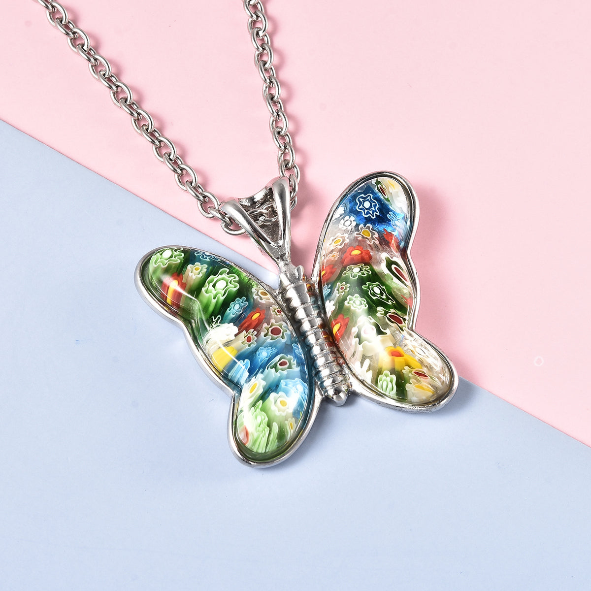 Multi Colour Murano Style Basket Earrings &amp; Butterfly Pendant in Stainless Steel 221211988 1