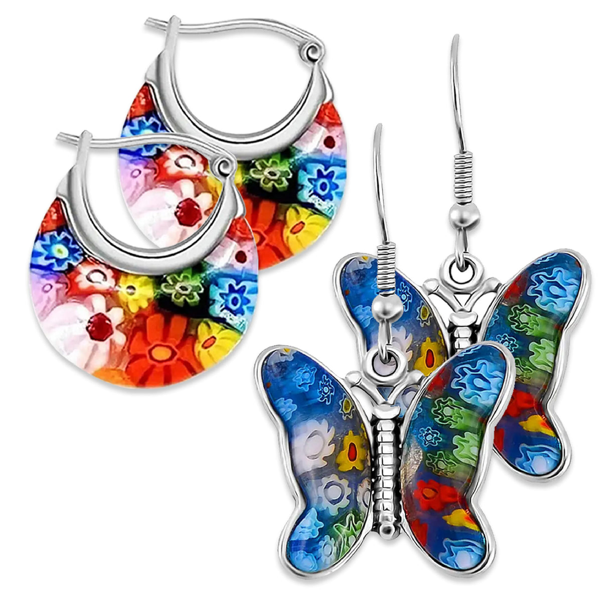 Multi Colour Murano Style Basket Earrings &amp; Butterfly Earrings in Stainless Steel 221211997 0